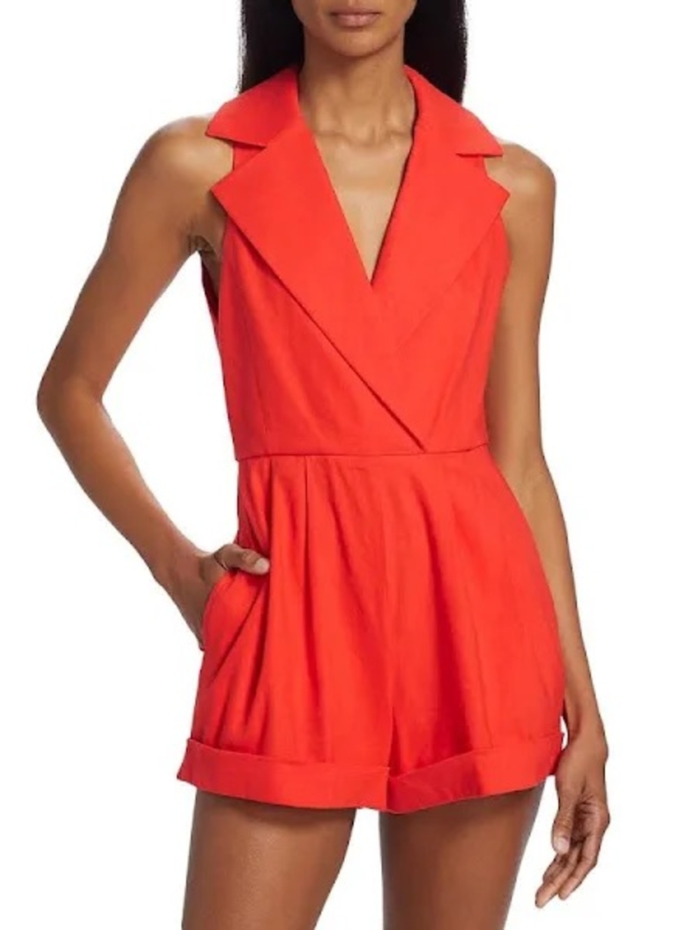Alice + Olivia Meritt Linen Blend Tuxedo Romper Chili Pepper Red Size 8